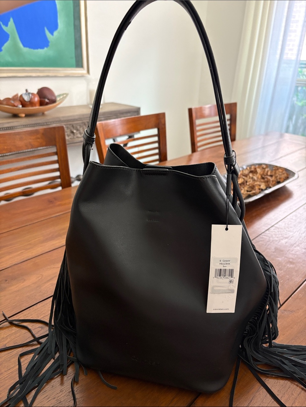 Calvin Klein Black Fringe Leather Shoulder Bag